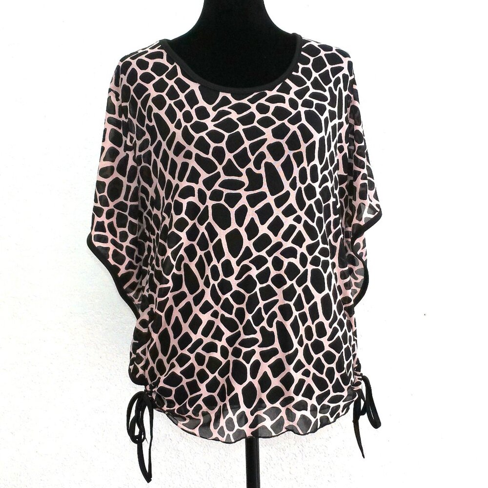 Pink & black Women's butterfly short sleeve blouse top, sheer with animal print,